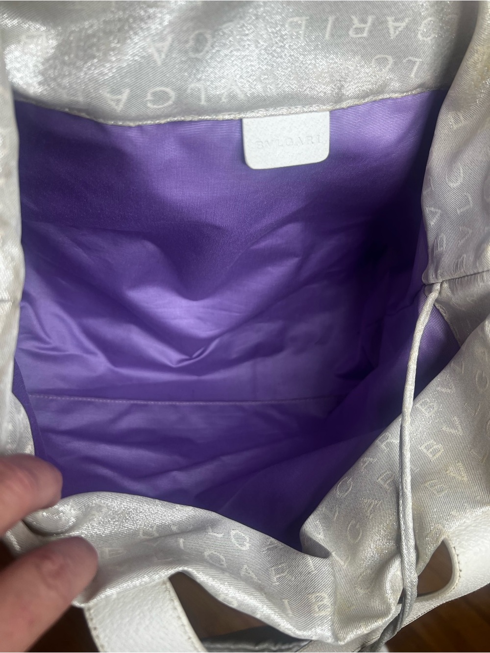 BVLGARI Logo Mania Tote Bag Silver White with purple Interior and Pouchette